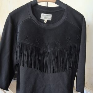 Current/Elliott Washed Black Sweatshirt With Suede Fringe
